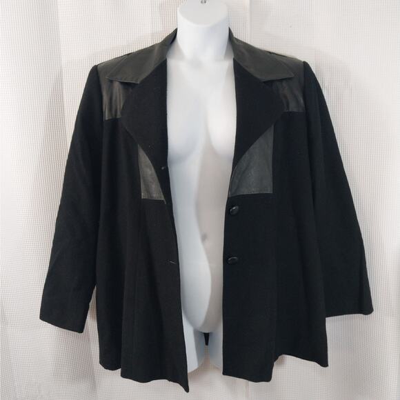 FOCUS 2000! STUNNING BLACK 100% WOOL, FAUX LEATHER INSETS/COLLAR JACKET! SZ 18W - Picture 3 of 10
